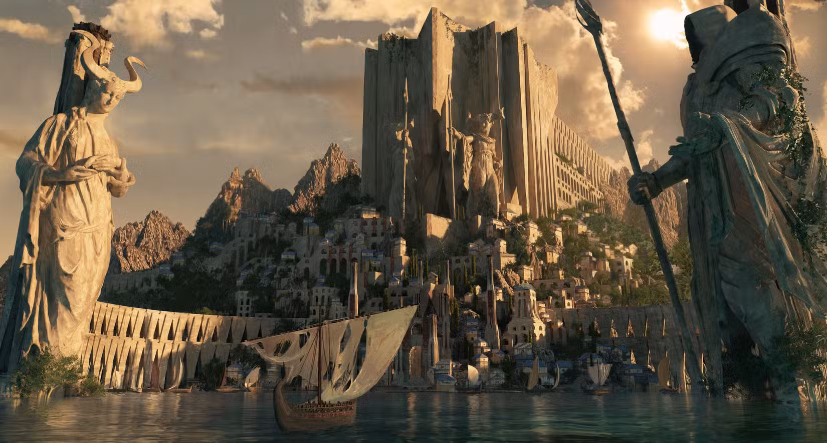 A cidade de Temis, ladeada por enormes estátuas e com uma grande baía em estilo mediterrâneo