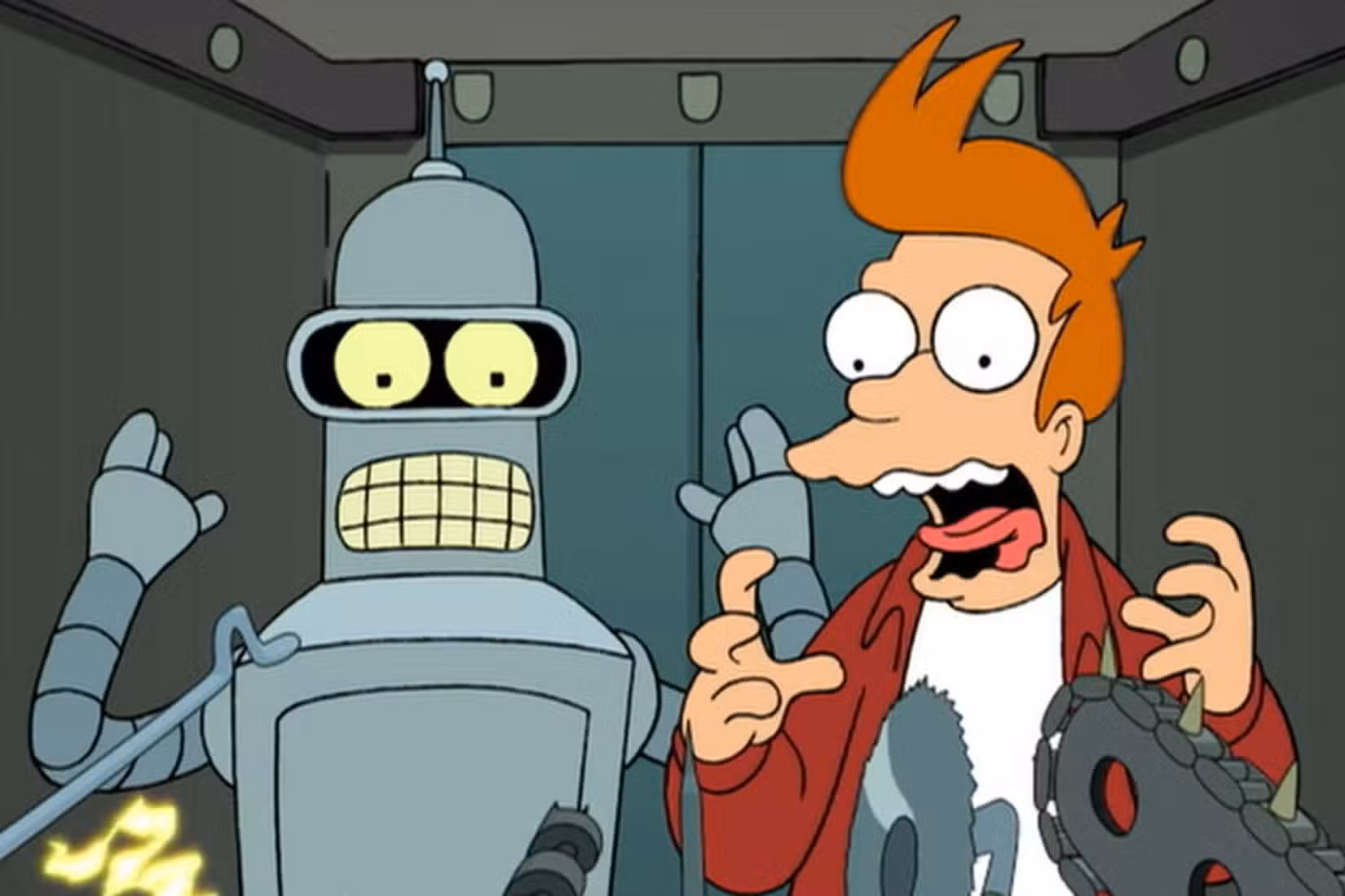 Bender e Fry são atacados por objetos pontiagudos em Futurama