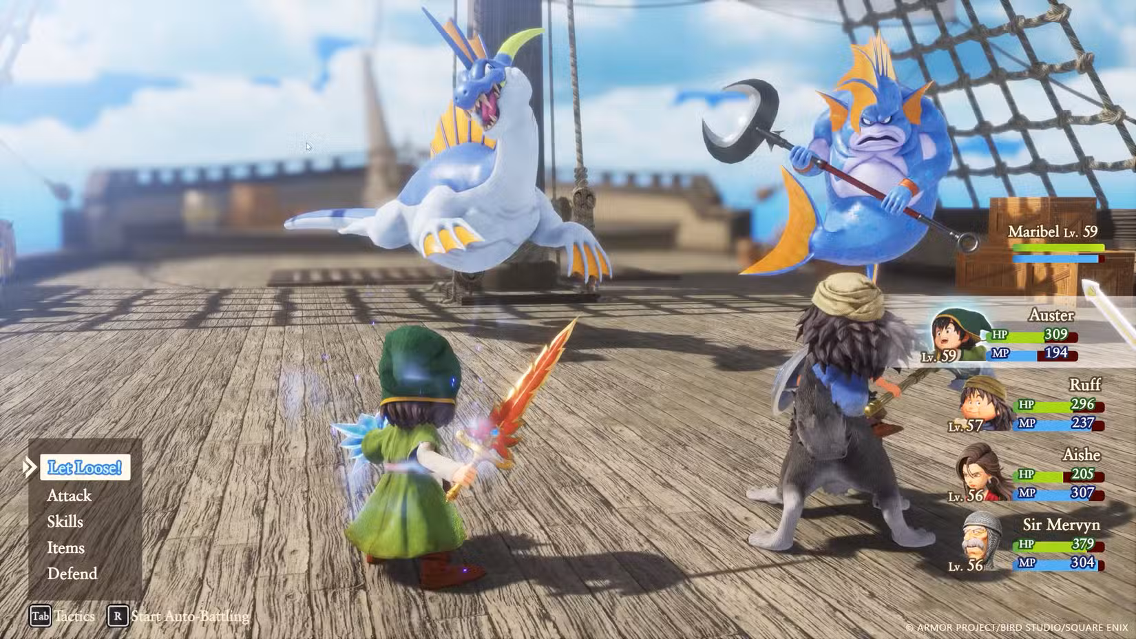 Uma cena de batalha a bordo do barco do Herói em Dragon Quest 7 Reimagined