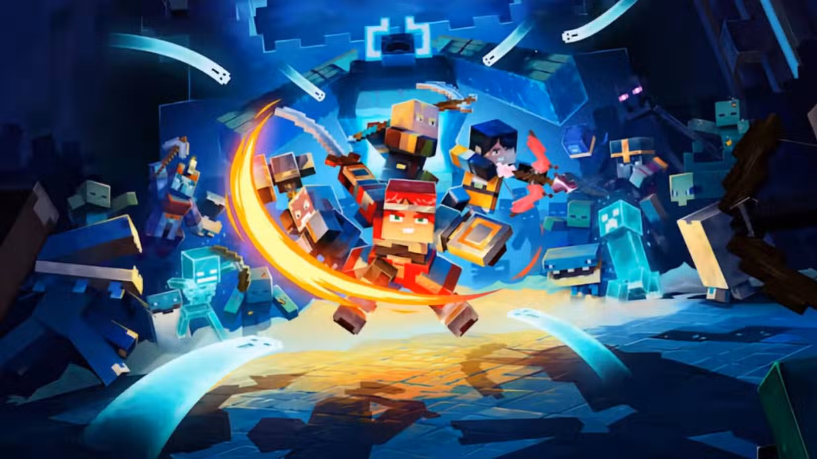 Personagens do Minecraft balançam espadas no Minecraft Dungeons 2