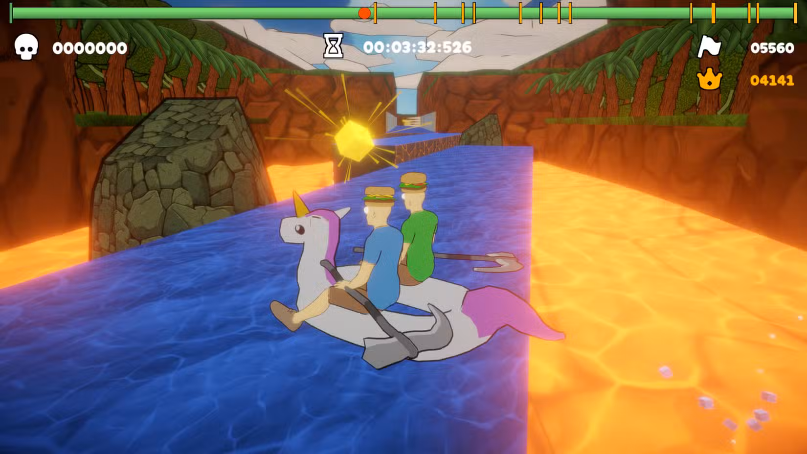 O sucesso do Steam friendslop, Paddle Paddle Paddle. Dois homens usando chapéus de hambúrguer sentam-se no topo de um barco unicórnio enquanto caminham pela água cercada por lava.