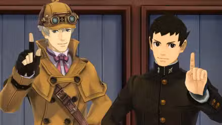 Herlock Sholmes (esquerda) e Ryunosuke Naruhodo (direita) em The Great Ace Attorney