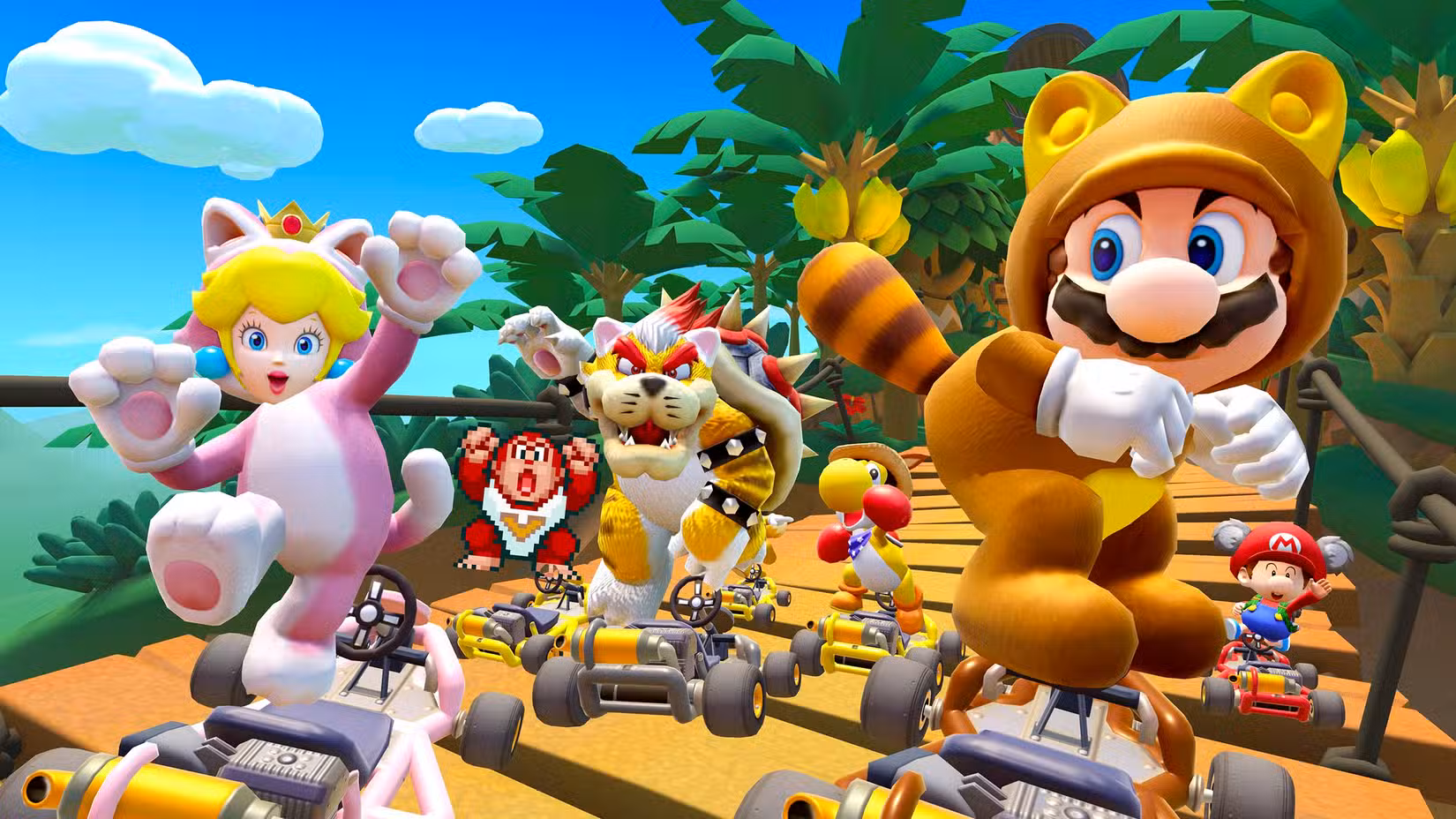 Uma captura de tela do Mario Kart Tour, com Tanooki Mario, Cat Peach, Meowser, Kangaroo Yoshi, Baby Mario e Donkey Kong de 16 bits correndo sobre uma ponte de madeira