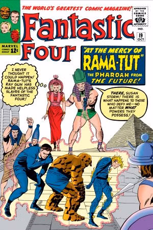 O Faraó Rama-Tut mantém Sue Storm em cativeiro depois de escravizar o resto do Quarteto Fantástico na capa do Quarteto Fantástico #19