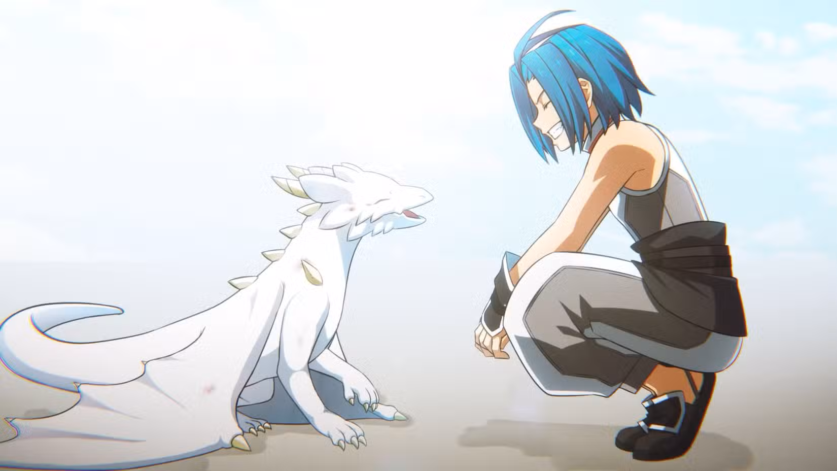 Uma captura de tela oficial do Brigandine Abyss mostrando um menino de cabelo azul sorrindo para um pequeno dragão branco