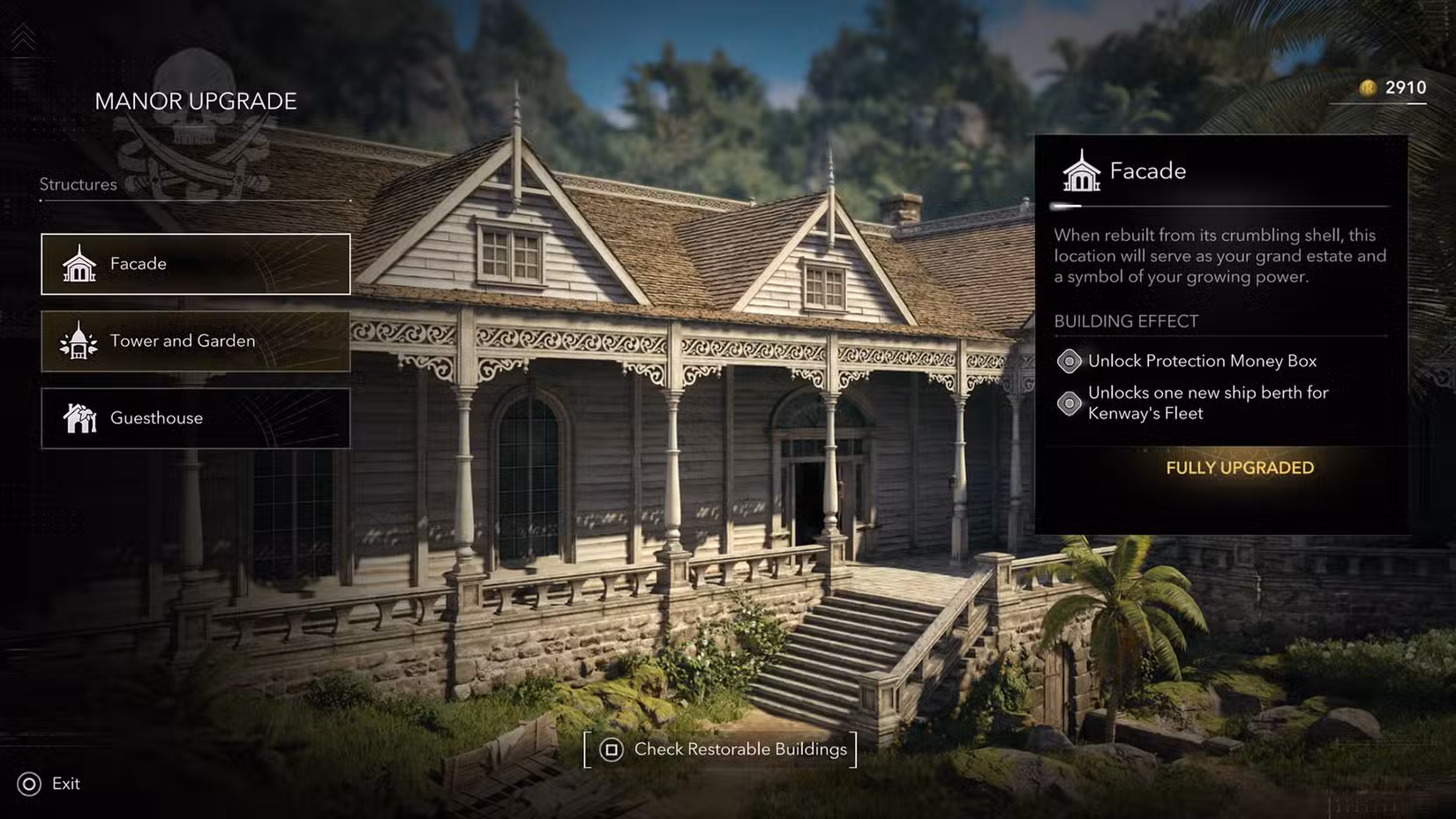 Uma captura de tela ressincronizada de Assassin's Creed Black Flag mostrando o menu de atualização da mansão