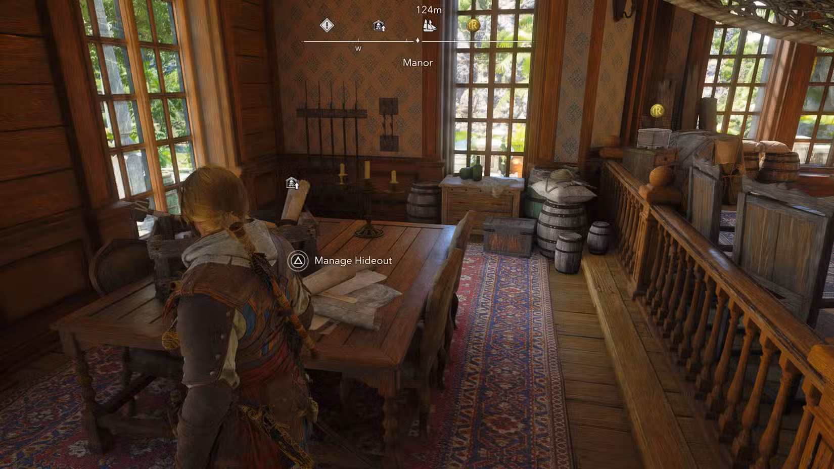 Uma captura de tela ressincronizada de Assassin's Creed Black Flag mostrando onde você pode gerenciar o esconderijo