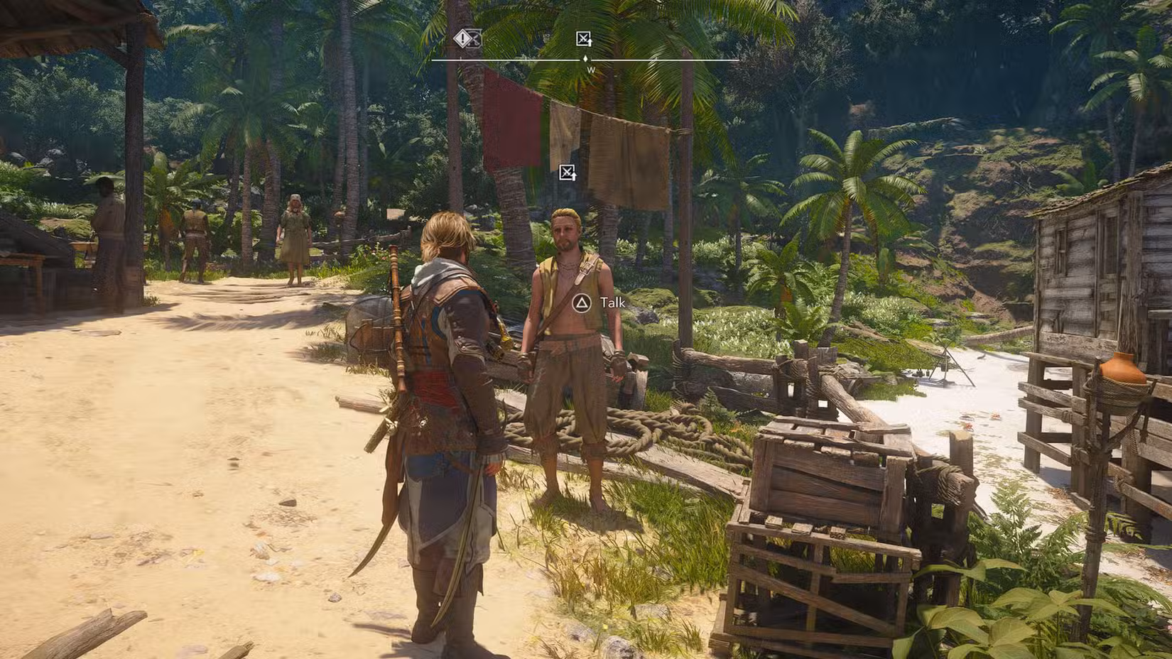 Uma captura de tela ressincronizada de Assassin's Creed Black Flag mostrando um NPC com um quadrado preto sobre a cabeça