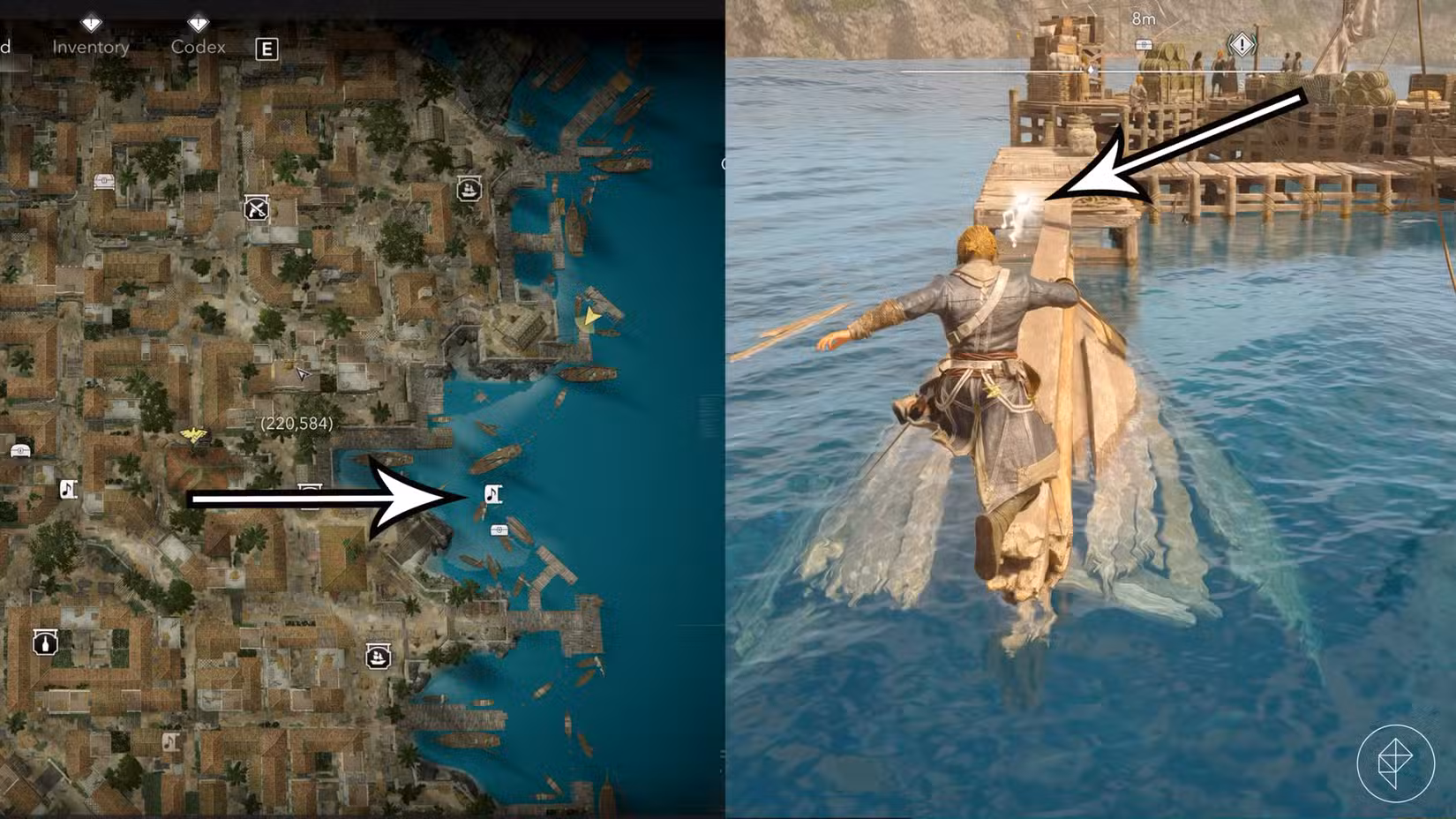 As setas apontam para um ícone de favela no mapa e uma partitura flutuando no ar em Assassin's Creed Black Flag Resynced.