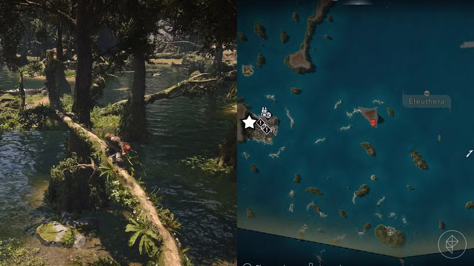 Uma montagem de duas imagens ressincronizadas de Assassin's Creed Black Flag mostrando a localização de crocodilos em Nassau