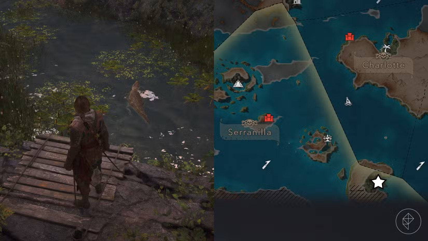 Uma montagem com duas imagens ressincronizadas de Assassin's Creed Black Flag mostrando a localização de crocodilos na Isla Providencia