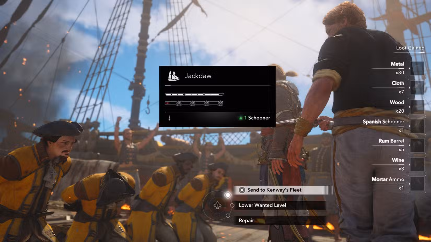 Uma captura de tela ressincronizada de Assassin's Creed Black Flag mostrando a tela que aparece quando você derrota um navio