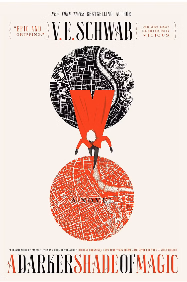Uma figura com uma jaqueta vermelha caminha entre dois mapas de Londres na capa de A Darker Shade of Magic de VE Schwab