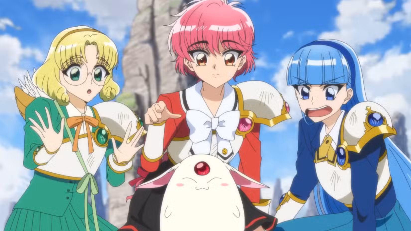 Imagem do remake de Magic Knight Rayearth com elenco completo; Hikaru Shidou, Umi Ryuuzaki e Fuu Hououji