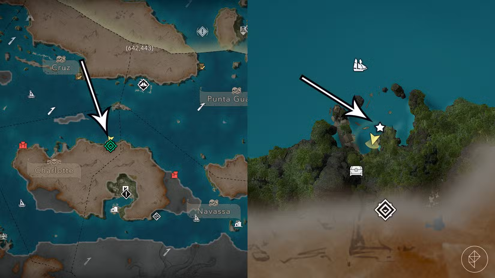 Localização do tesouro do Barba Negra em Assassin's Creed Black Flag Resynced.