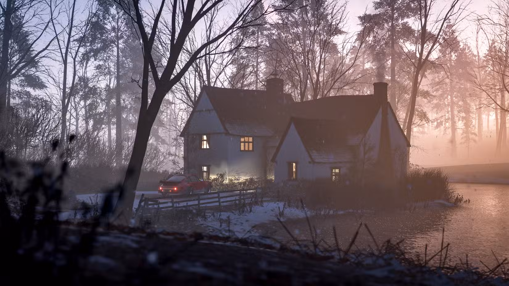A classic Porsche is parked in front of a secluded country cottage on a misty winter evening in Forza Horizon 4