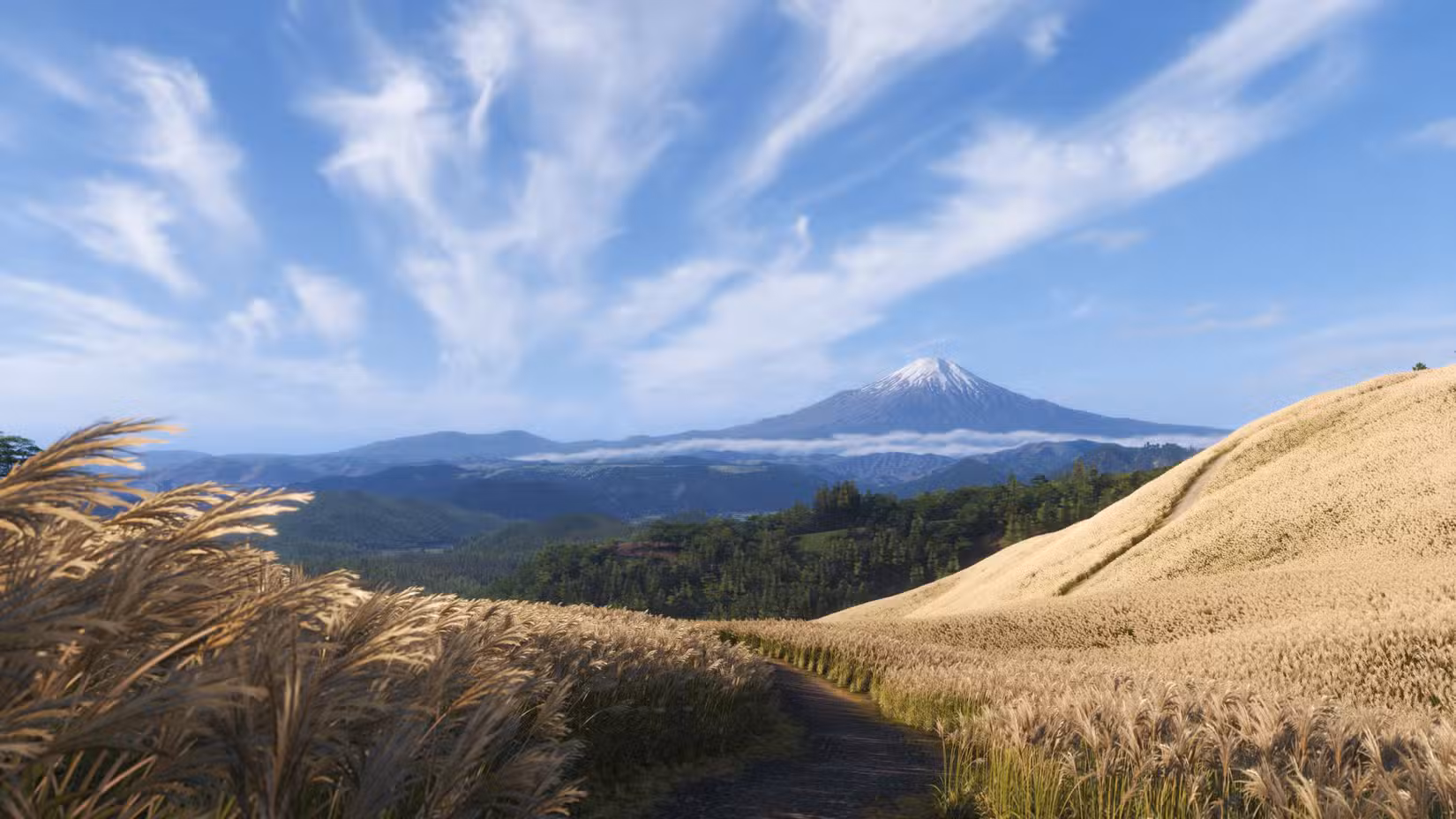A countryside vista looking voer wheat fields and forest towards Mt Fuji