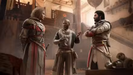 Basim fala com outros dois Ocultos em um espaço interior em Bagdá em Assassin's Creed Mirage