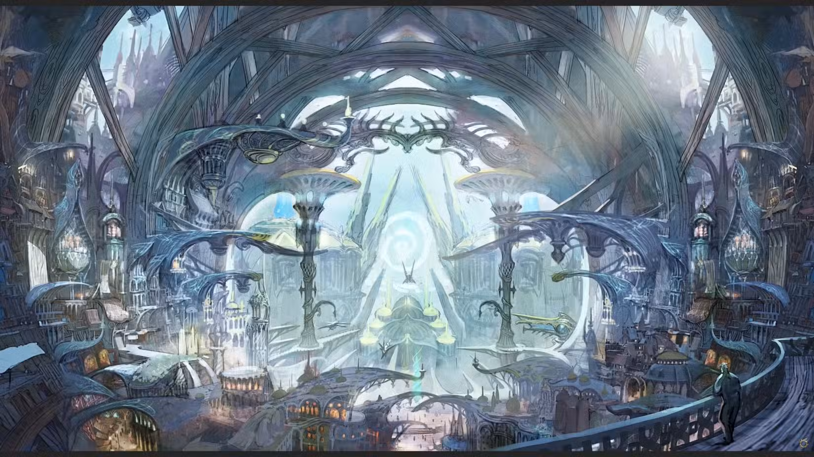 Uma peça de arte conceitual de FFXIV Evercold mostrando uma visão de lente de peixe de uma cidade de fantasia