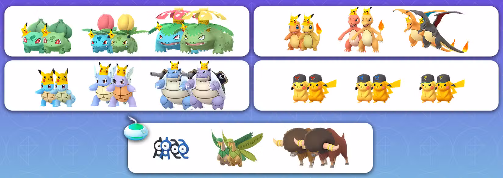Bulbasaur, Charmander, Squirtle, Pikachu e outros com tema de evento com sua versão brilhante em Pokémon Go.
