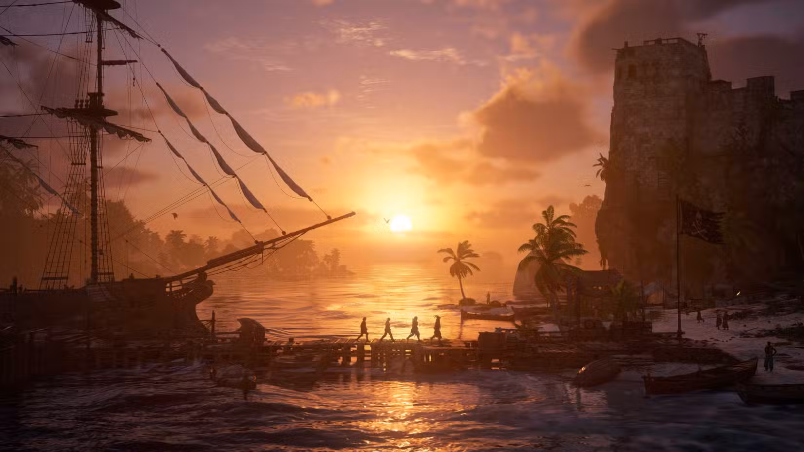 Piratas caminham do cais até a costa em Assassin's Creed Black Flag Resynced