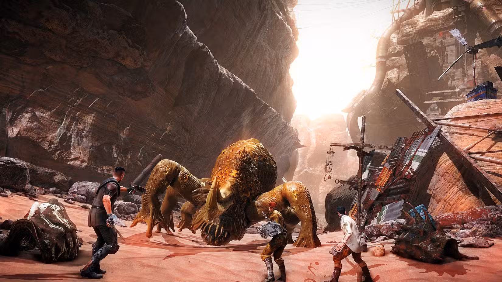 Captura de tela do Technomancer - heróis lutando contra monstros em uma ravina