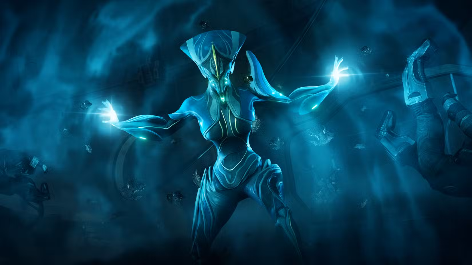 Banshee, um Warframe baseado em som estendendo suas mãos brilhantes