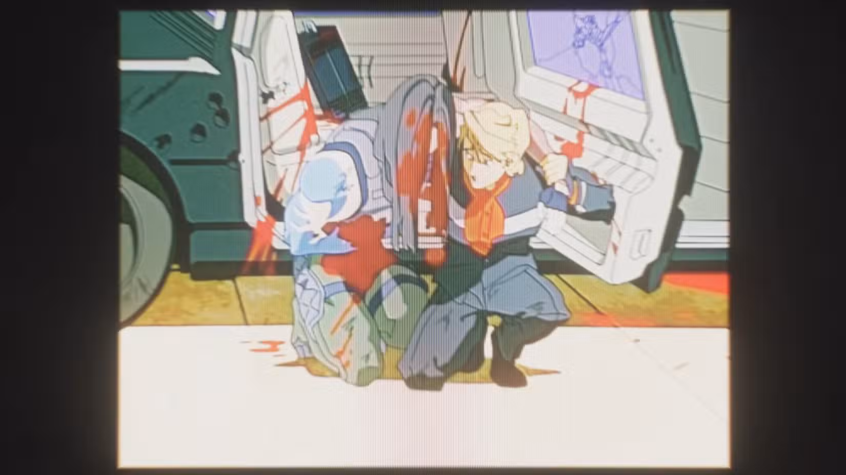 Captura de tela do Cyberpunk Edgerunners 2 do efeito VHS após o ataque a Arasaka