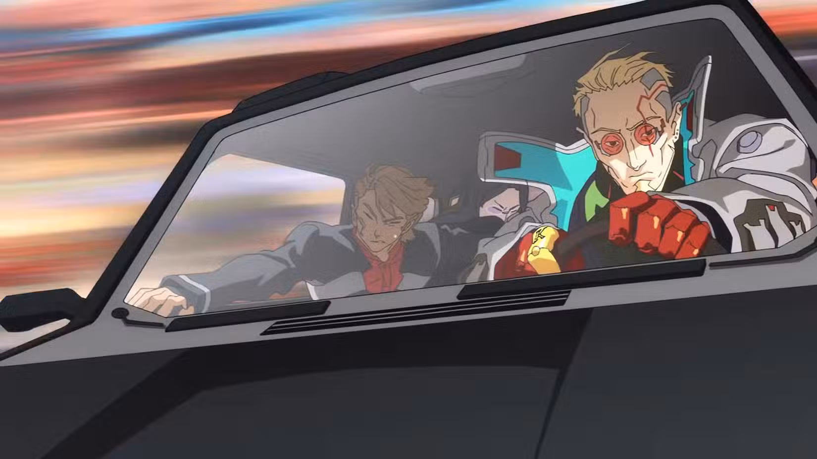 Captura de tela do Cyberpunk Edgerunners 2 com Weak Kingsley no banco do motorista. 