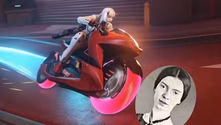 Shion andando de moto, preparando-se para atropelar um retrato de Emily Dickinson