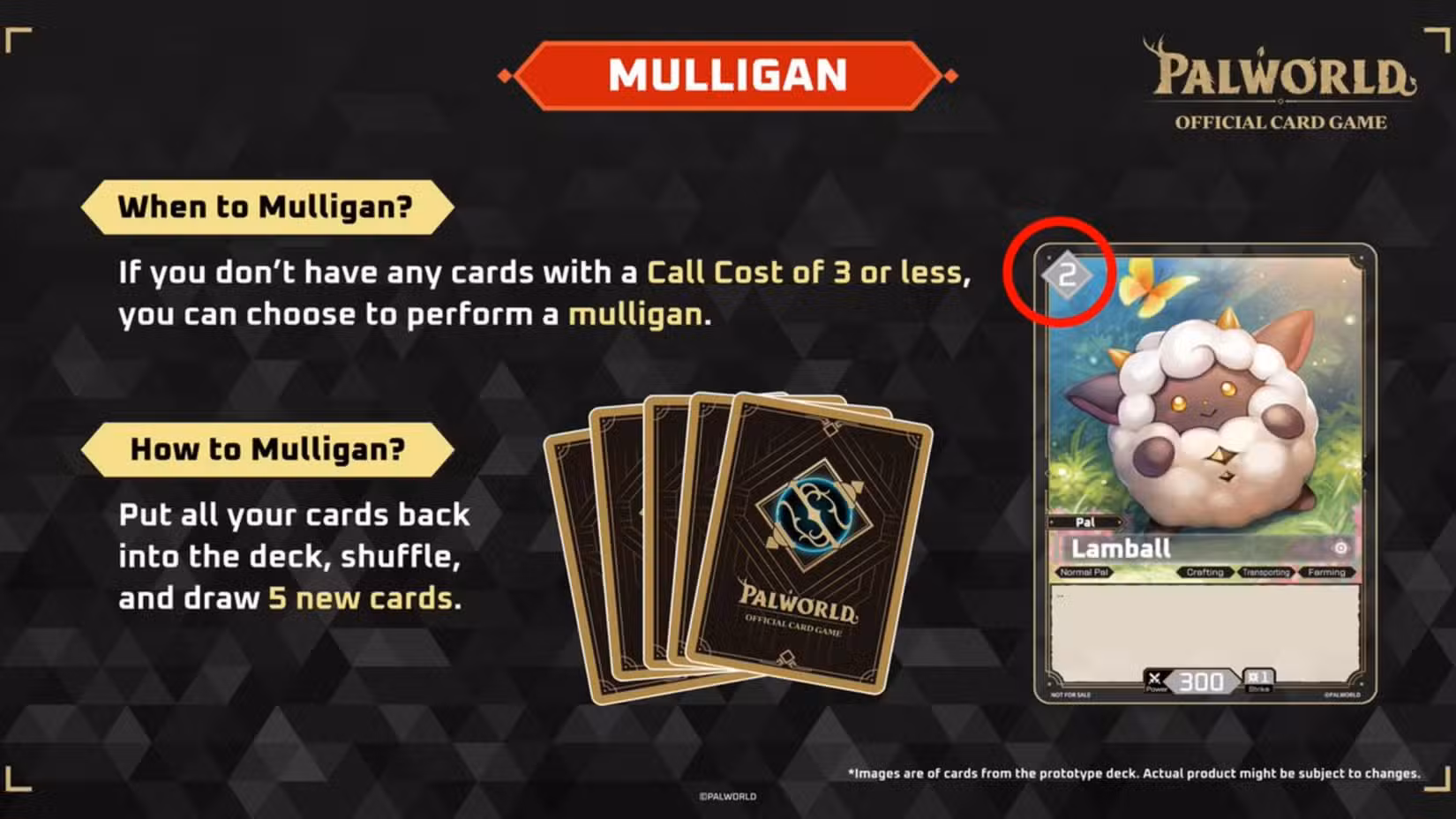 Explicador oficial das regras do mulligan do jogo de cartas palworld.