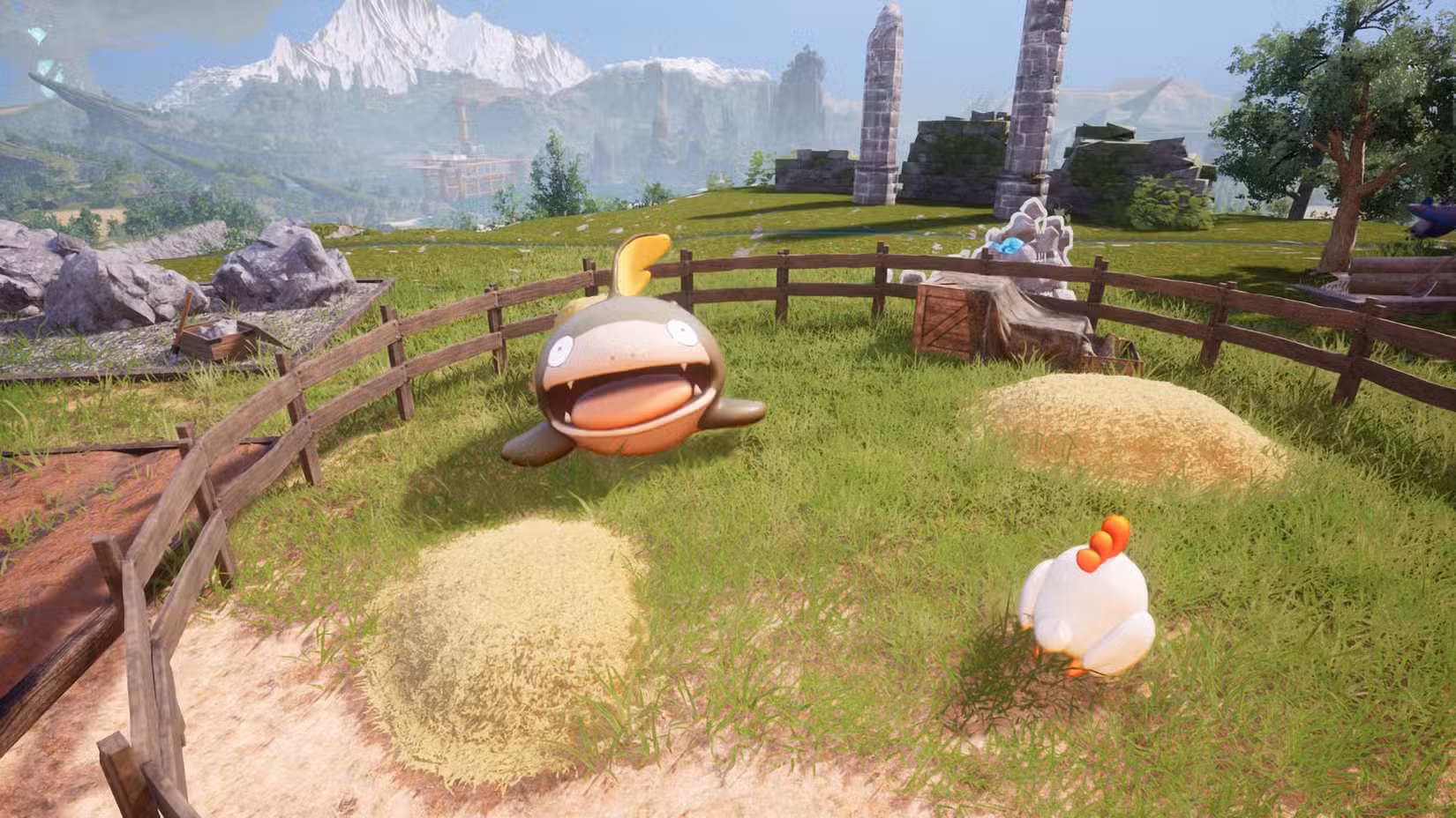 Uma captura de tela do Palworld mostrando um Dumud dentro de um rancho