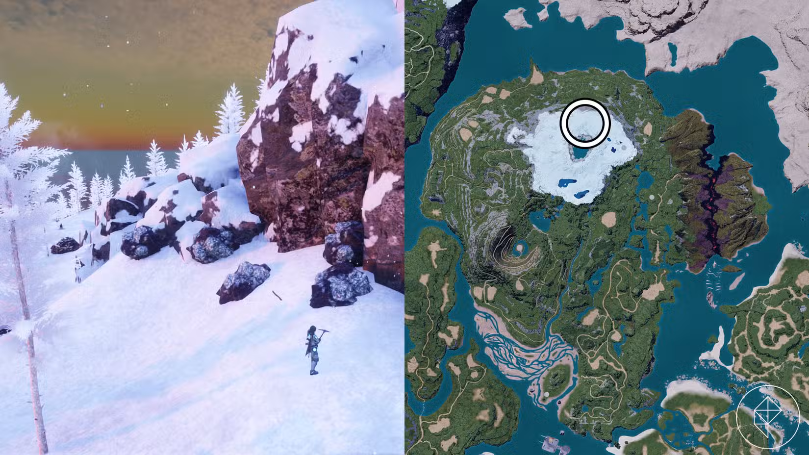 Uma montagem de duas imagens do Palworld mostrando um local onde os jogadores podem encontrar nós de quartzo puro