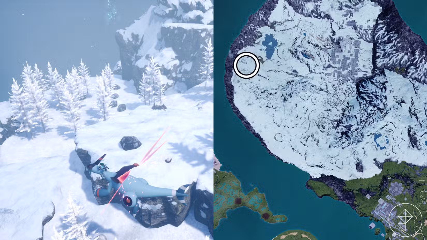 Uma montagem de duas imagens do Palworld mostrando um local onde os jogadores podem encontrar quartzo puro