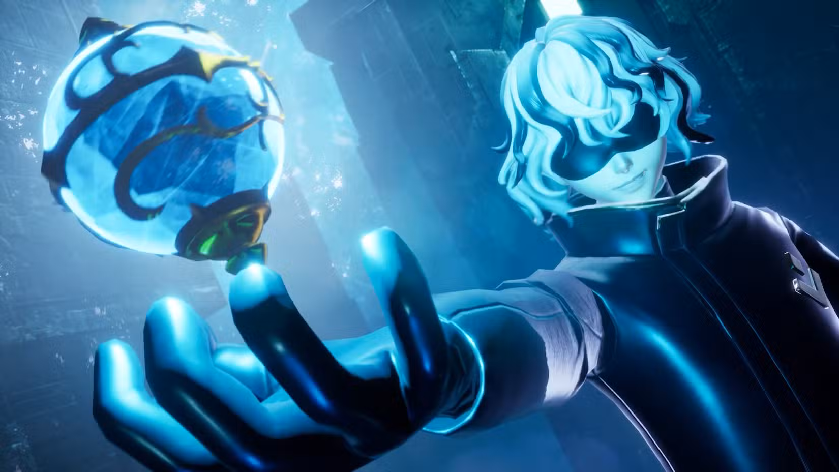 Um NPC chefe da torre Palworld segura uma Pal Sphere, pronta para a batalha