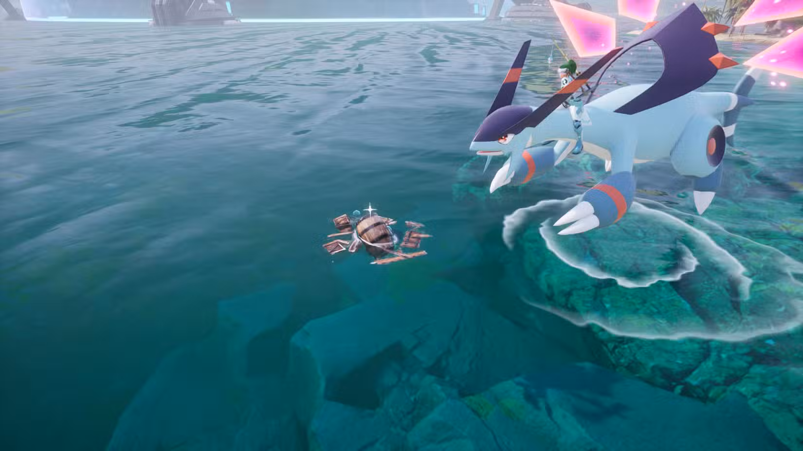 Uma captura de tela do Palworld mostrando um personagem pilotando um Jetragon perto de alguns destroços na água