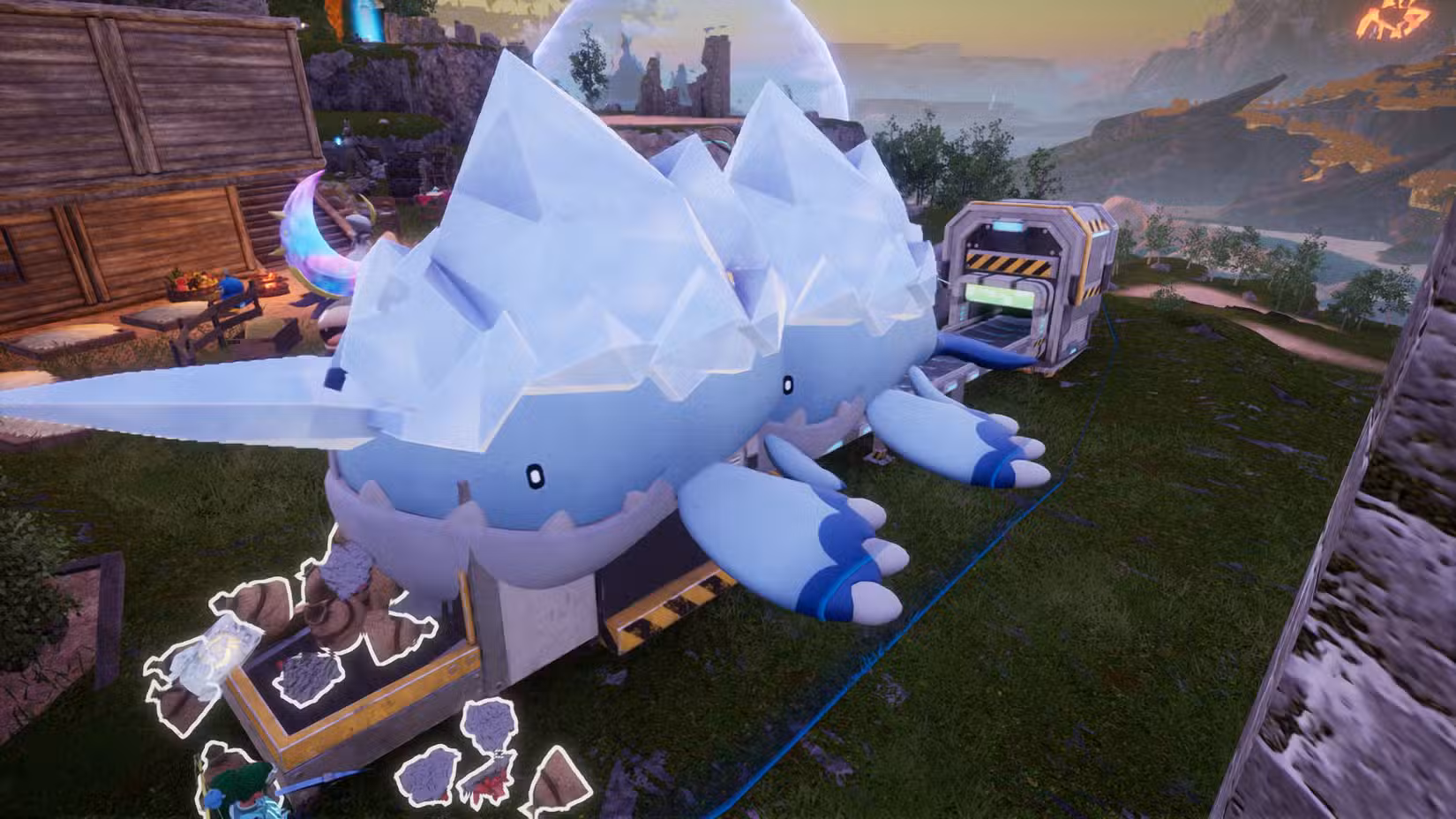 Uma captura de tela do Palworld mostrando dois Whalaskas na linha de desmontagem
