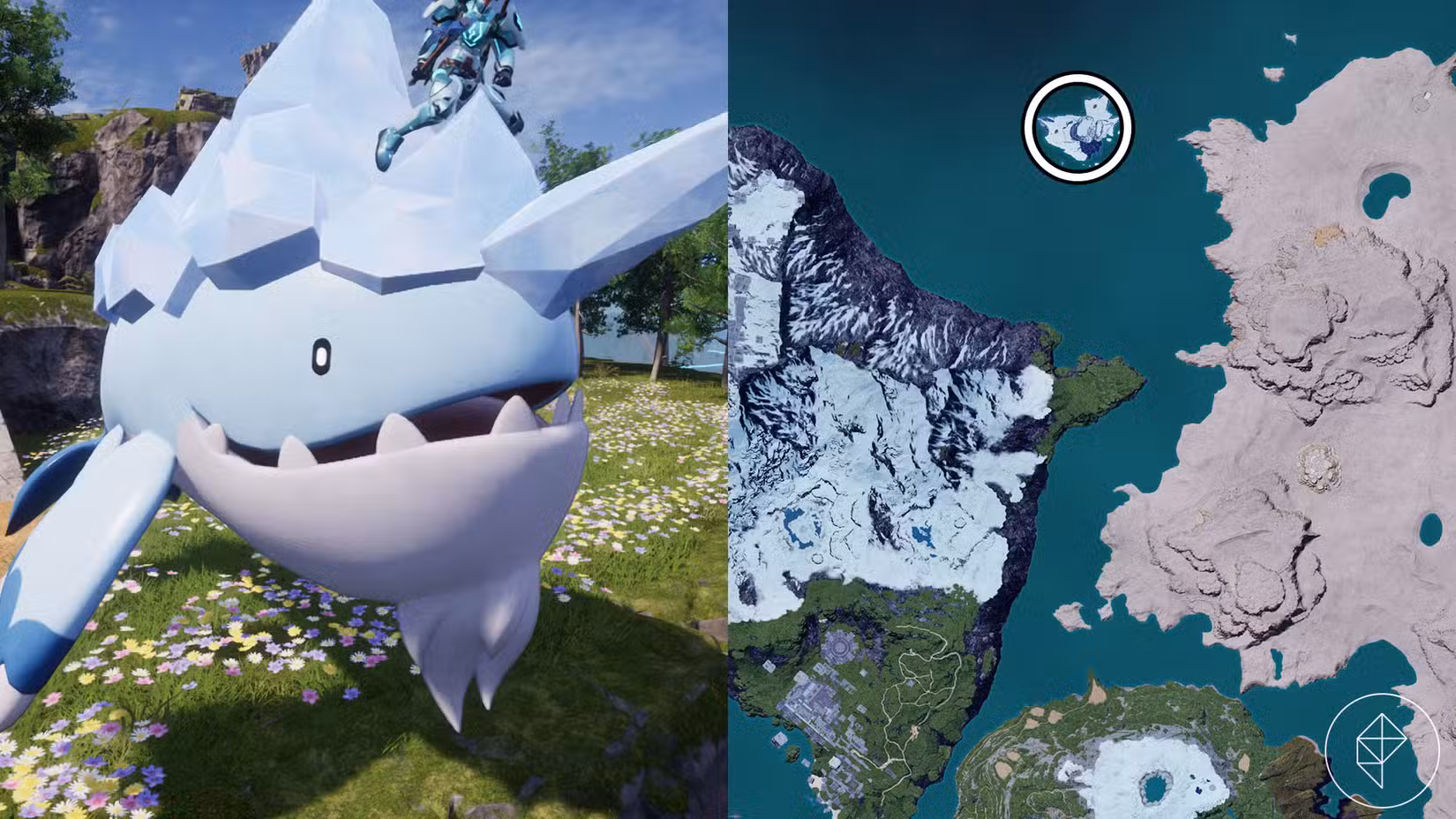 Uma montagem com duas capturas de tela do Palworld mostrando onde os jogadores podem encontrar Whalaskas