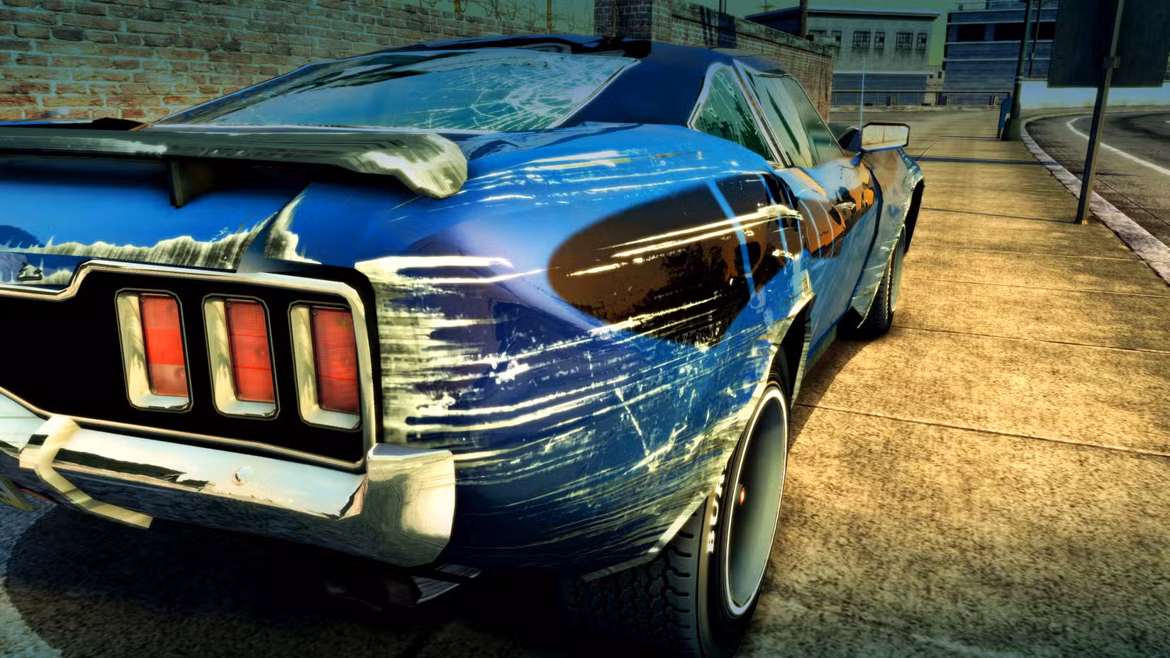 Burnout Paradise Remastered – close-up de arranhões e danos no carro azul