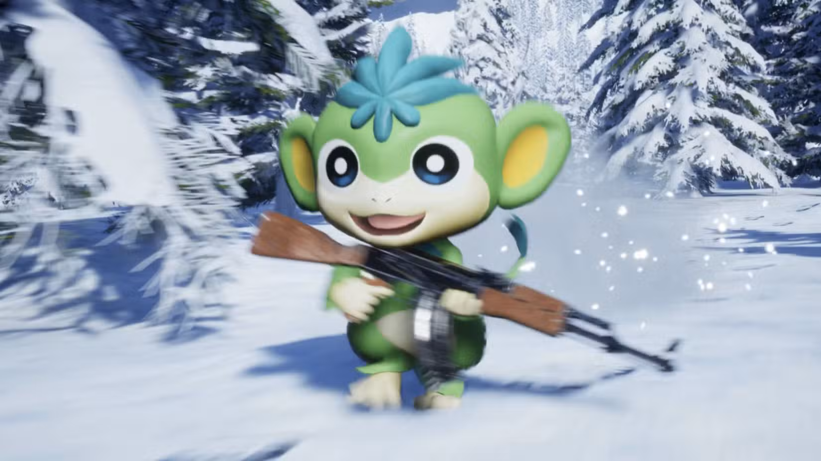 Um Pal armado, parecido com um pequeno macaco verde, no Palworld