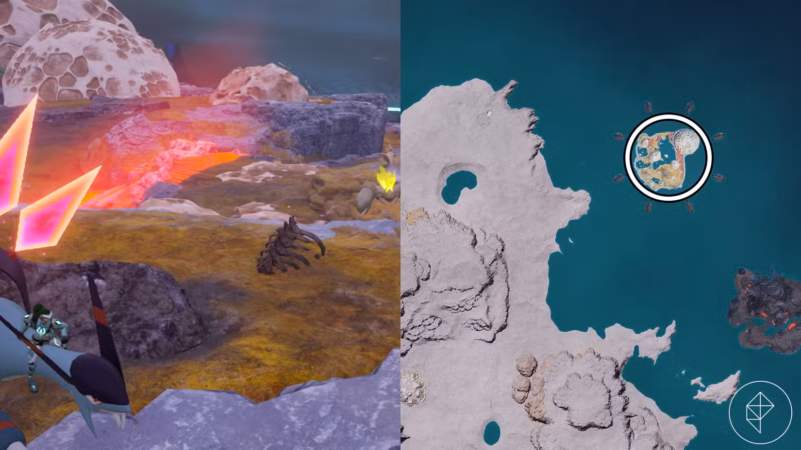 Uma montagem com duas capturas de tela do Palworld mostrando onde os jogadores podem encontrar ossos antigos