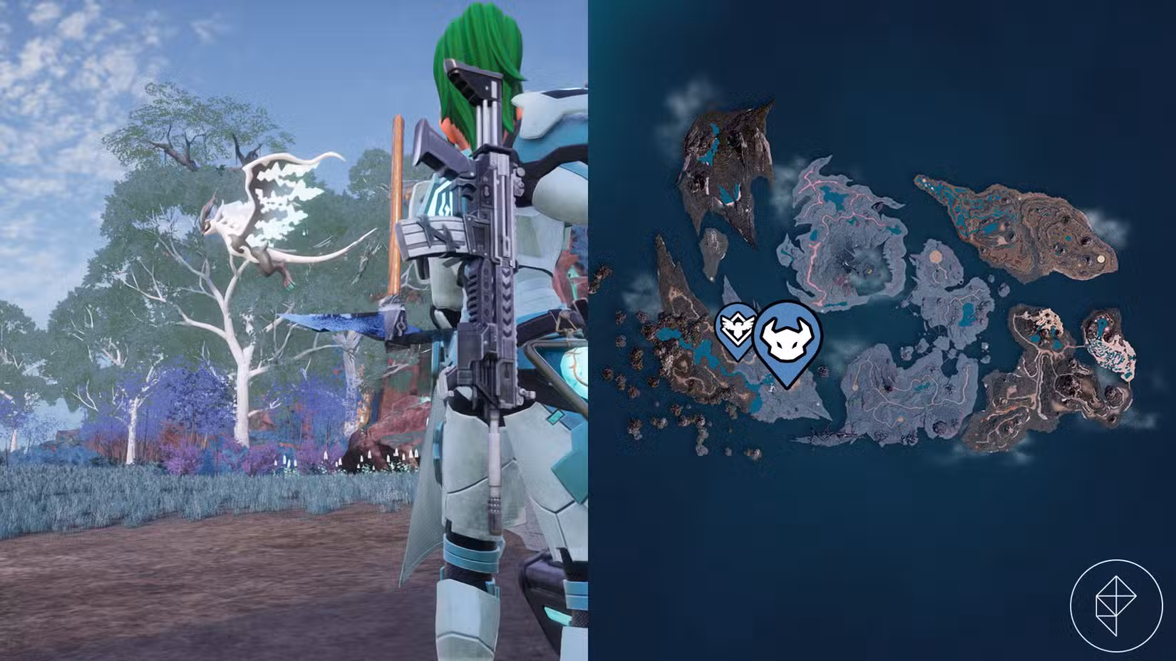 Uma montagem com duas capturas de tela do Palworld mostrando onde os jogadores podem encontrar Eidrolon