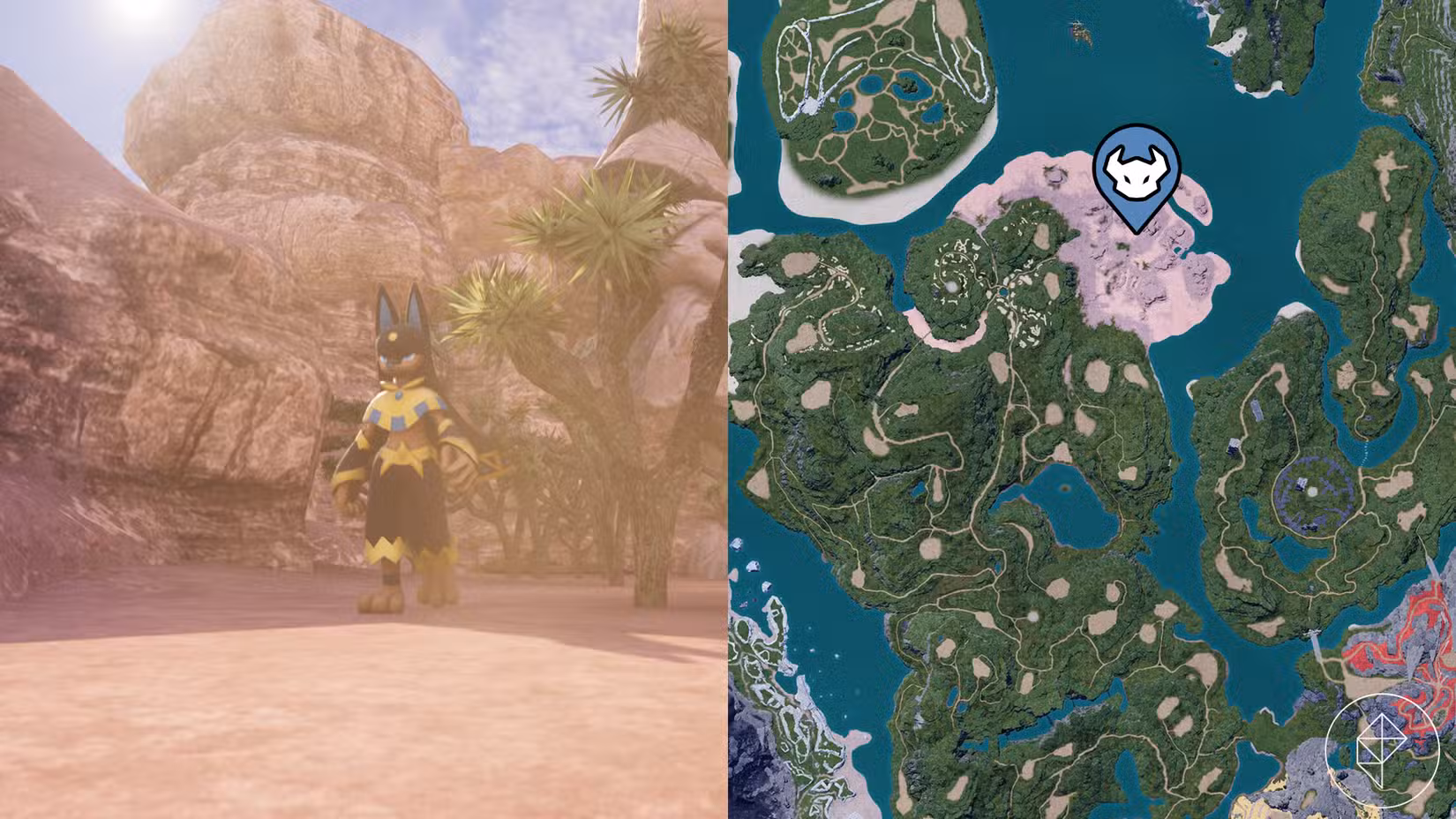 A map showing where to find Anubis in the desert in Palworld