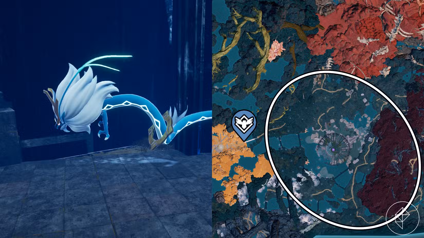 Shaolong, a blue long dragon, floats around in Palworld
