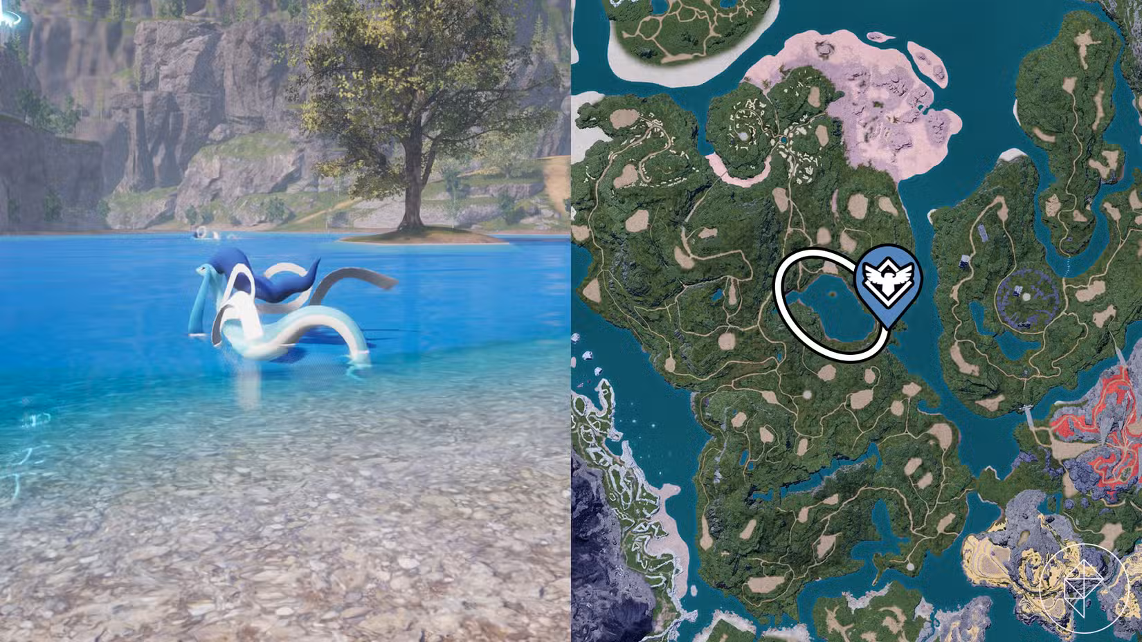 An Azurobe swims in a lake in Palworld