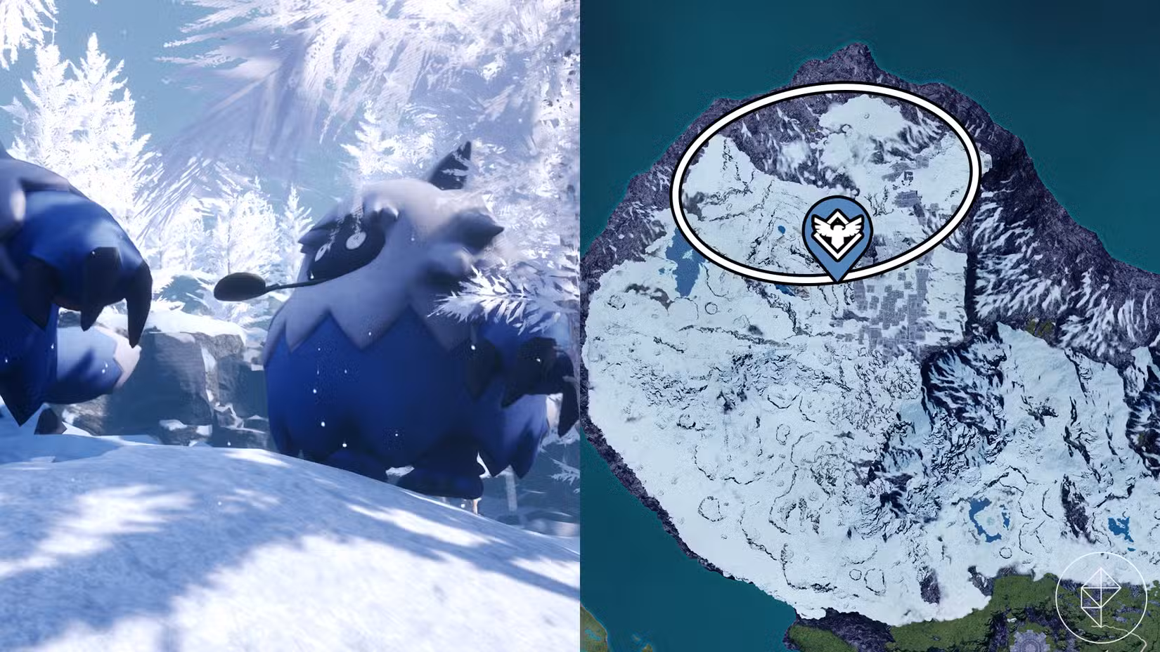 Two Wumpo walk together in a snowy mountain in Palworld