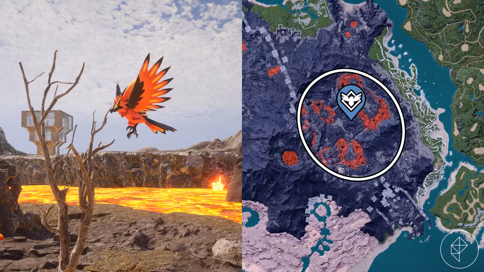 A Ragnahawk flying above lava in Palworld