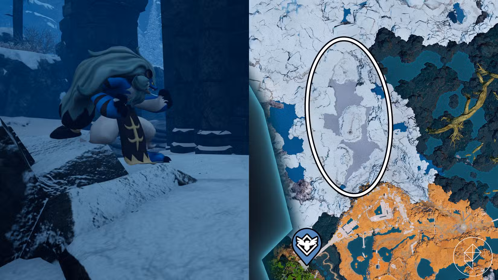 Bastigor, a beast who does martial arts, walking around an icy area in Palworld