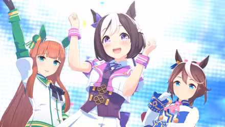 Uma imagem de Umamusume mostrando Semana Especial, Silent Suzuka e Tokai Teio.