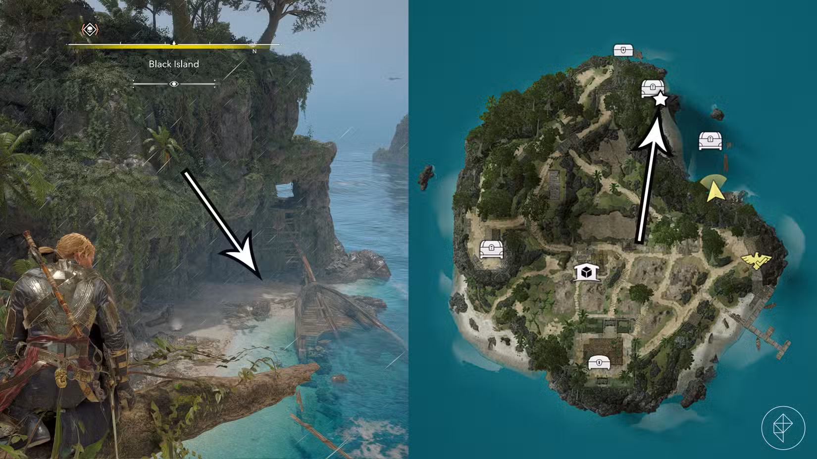 A localização do tesouro do mapa amarelado em Assassin's Creed Black Flag Resynced.